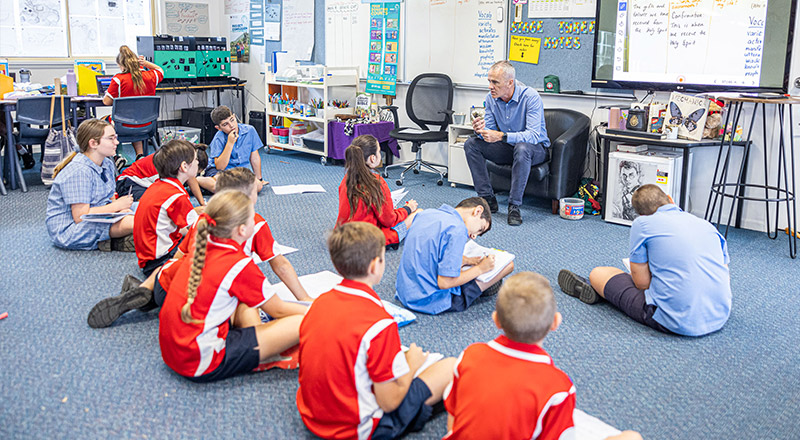 Teacher with class at Holy Family Primary Luddenham